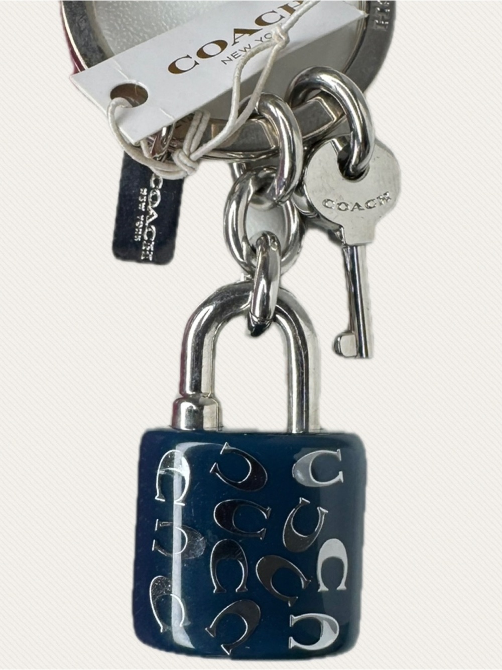Coach Key Chain Fob Navy Blue Lock And Key With Silver NWT